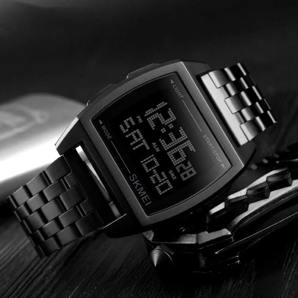 Sport Watches MASTOP Mens Digital Gold Stainless Steel Watch slope Backlit Multifunction Outdoor Stopwatch Waterproof 