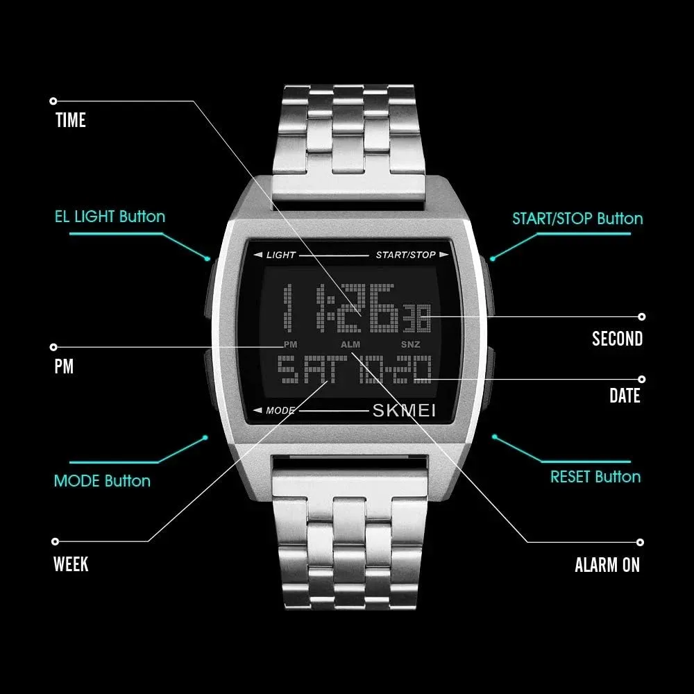 Sport Watches MASTOP Mens Digital Gold Stainless Steel Watch slope Backlit Multifunction Outdoor Stopwatch Waterproof 