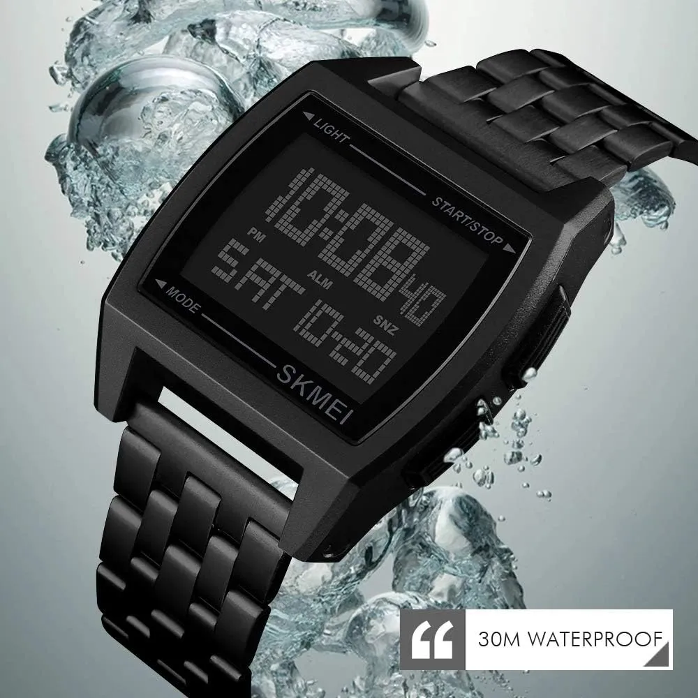Sport Watches MASTOP Mens Digital Gold Stainless Steel Watch slope Backlit Multifunction Outdoor Stopwatch Waterproof 