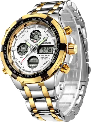 Sport Waterproof Big Heavy Wristwatch GOLDEN HOUR Luxury Stainless Steel Analog Digital brew Watches for Men Male Outdoor 