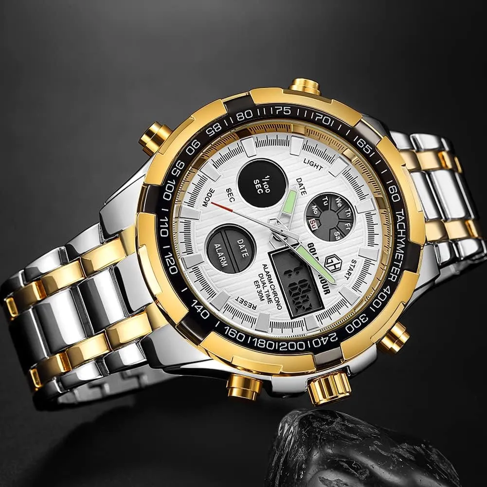 Sport Waterproof Big Heavy Wristwatch GOLDEN HOUR Luxury Stainless Steel Analog Digital brew Watches for Men Male Outdoor 