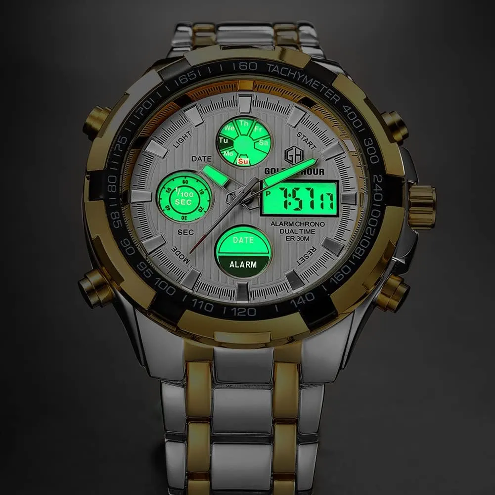 Sport Waterproof Big Heavy Wristwatch GOLDEN HOUR Luxury Stainless Steel Analog Digital brew Watches for Men Male Outdoor 