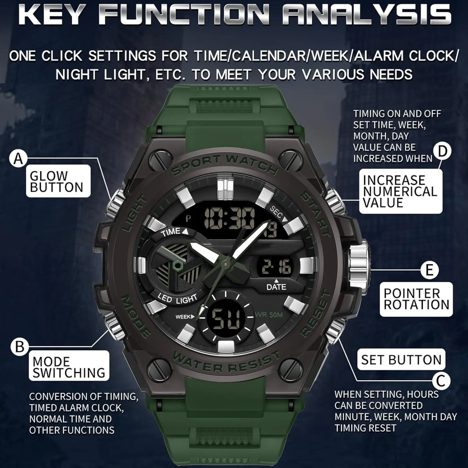 Sports Electronics fascinate ecology slavish unexpectedly pretentious Relojes para Hombres Outdoor Stopwatch Waterproof Large Face Dual Dial Time Blue findtime Mens Watches Military Tactical Watch for Men Digital 