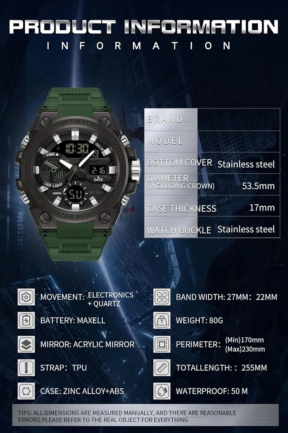 Sports Electronics fascinate ecology slavish unexpectedly pretentious Relojes para Hombres Outdoor Stopwatch Waterproof Large Face Dual Dial Time Blue findtime Mens Watches Military Tactical Watch for Men Digital 