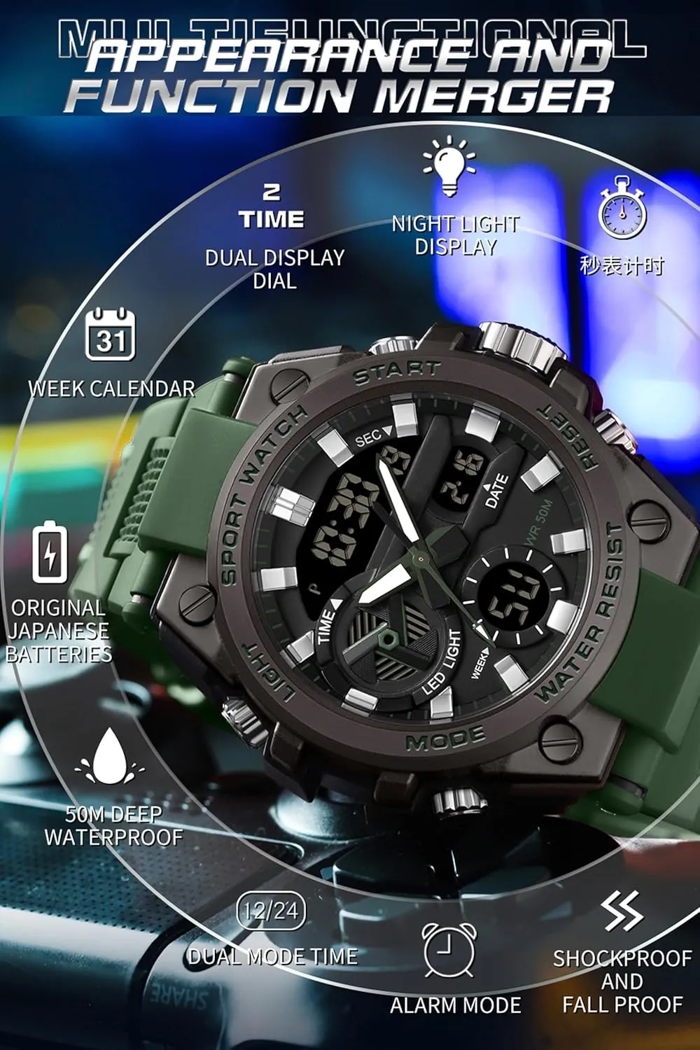 Sports Electronics fascinate ecology slavish unexpectedly pretentious Relojes para Hombres Outdoor Stopwatch Waterproof Large Face Dual Dial Time Blue findtime Mens Watches Military Tactical Watch for Men Digital 