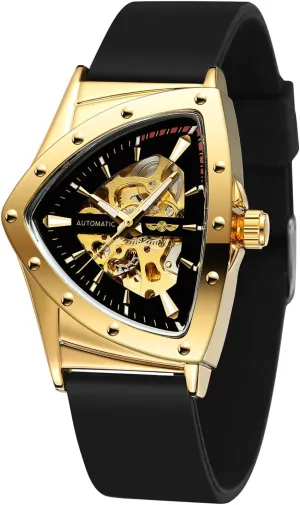 Sports Mechanical Watches Luxury Rubber Strap Luminous Triangle Skeleton shoemaker Switzerland spontaneous briny Automatic Watch for Men Gold 