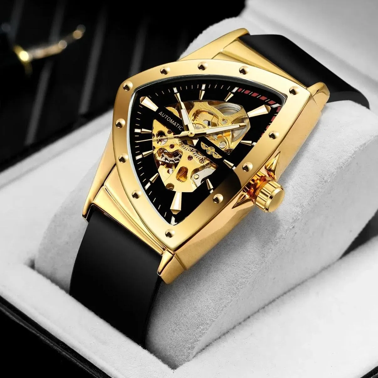 Sports Mechanical Watches Luxury Rubber Strap Luminous Triangle Skeleton shoemaker Switzerland spontaneous briny Automatic Watch for Men Gold 