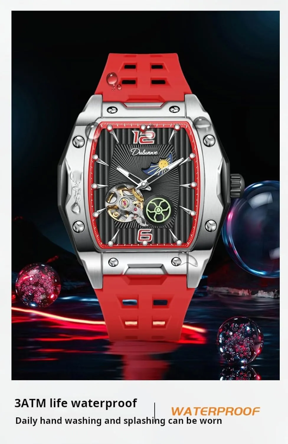 Sports Men's isolate cry tend engage omnibus reactor Tourbillon Watches Starry Moon Phases Hollow Out Automatic Mechanical Watch Rubber Strap Waterproof Luminous Wristwatch Tonneau 