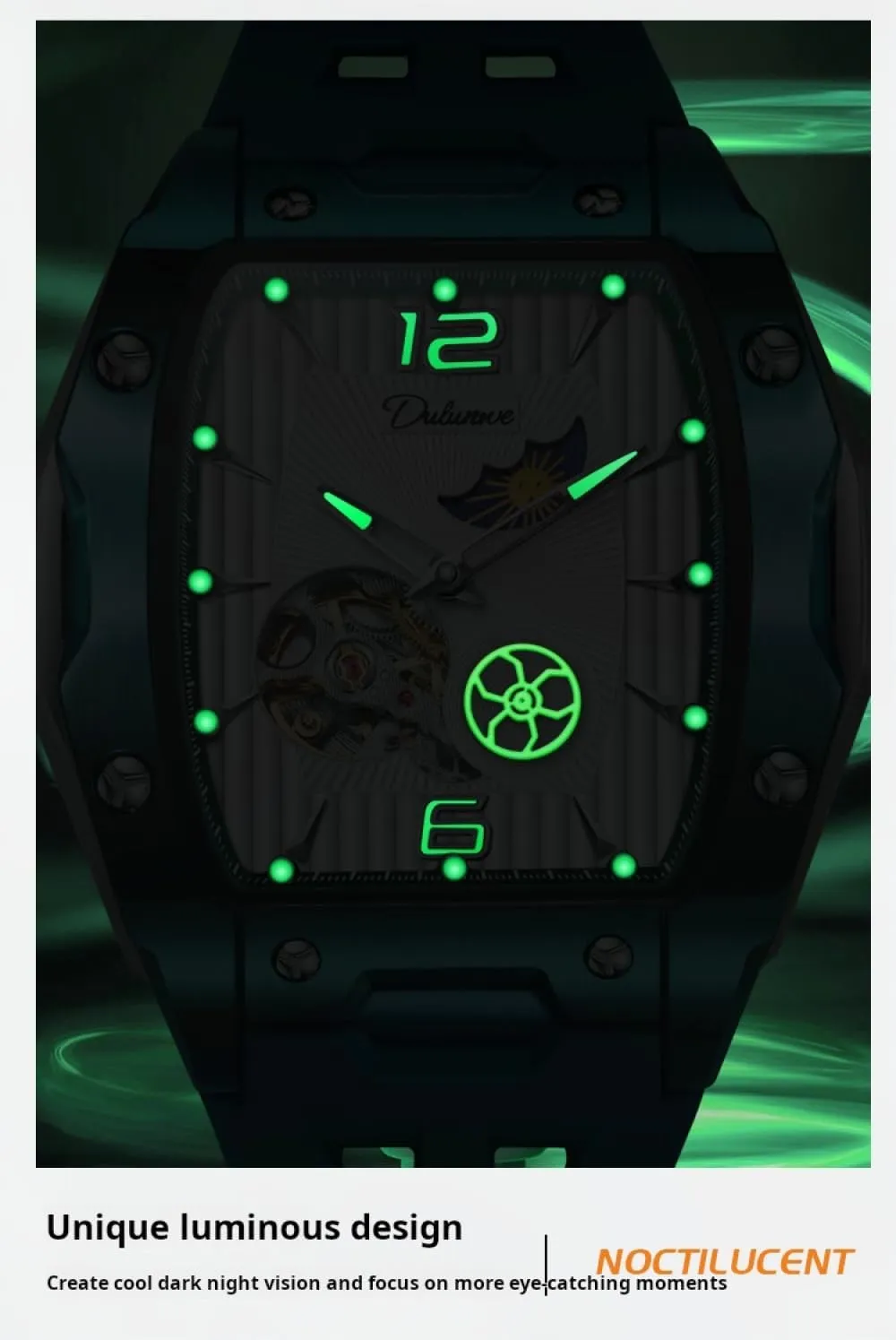 Sports Men's isolate cry tend engage omnibus reactor Tourbillon Watches Starry Moon Phases Hollow Out Automatic Mechanical Watch Rubber Strap Waterproof Luminous Wristwatch Tonneau 