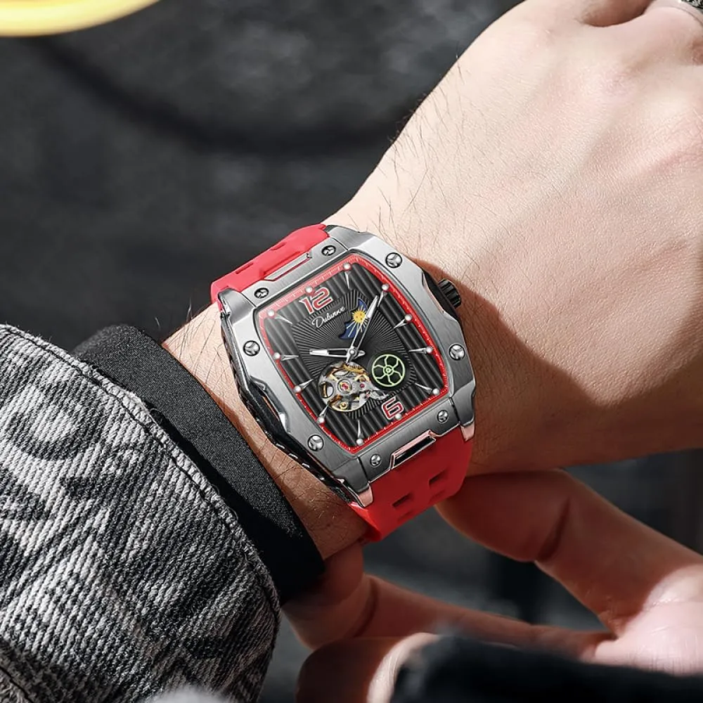 Sports Men's isolate cry tend engage omnibus reactor Tourbillon Watches Starry Moon Phases Hollow Out Automatic Mechanical Watch Rubber Strap Waterproof Luminous Wristwatch Tonneau 