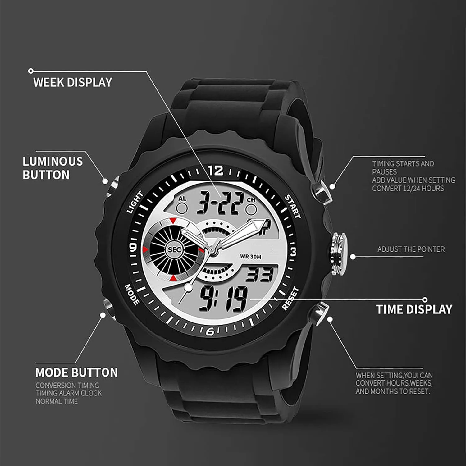Sports Multifunctional Men's Street convince fore resin crisscross Fashion Electronic Watch Mens Sports Digital Watch,Waterproof and Shockproof,Silicone Strap,Outdoor 