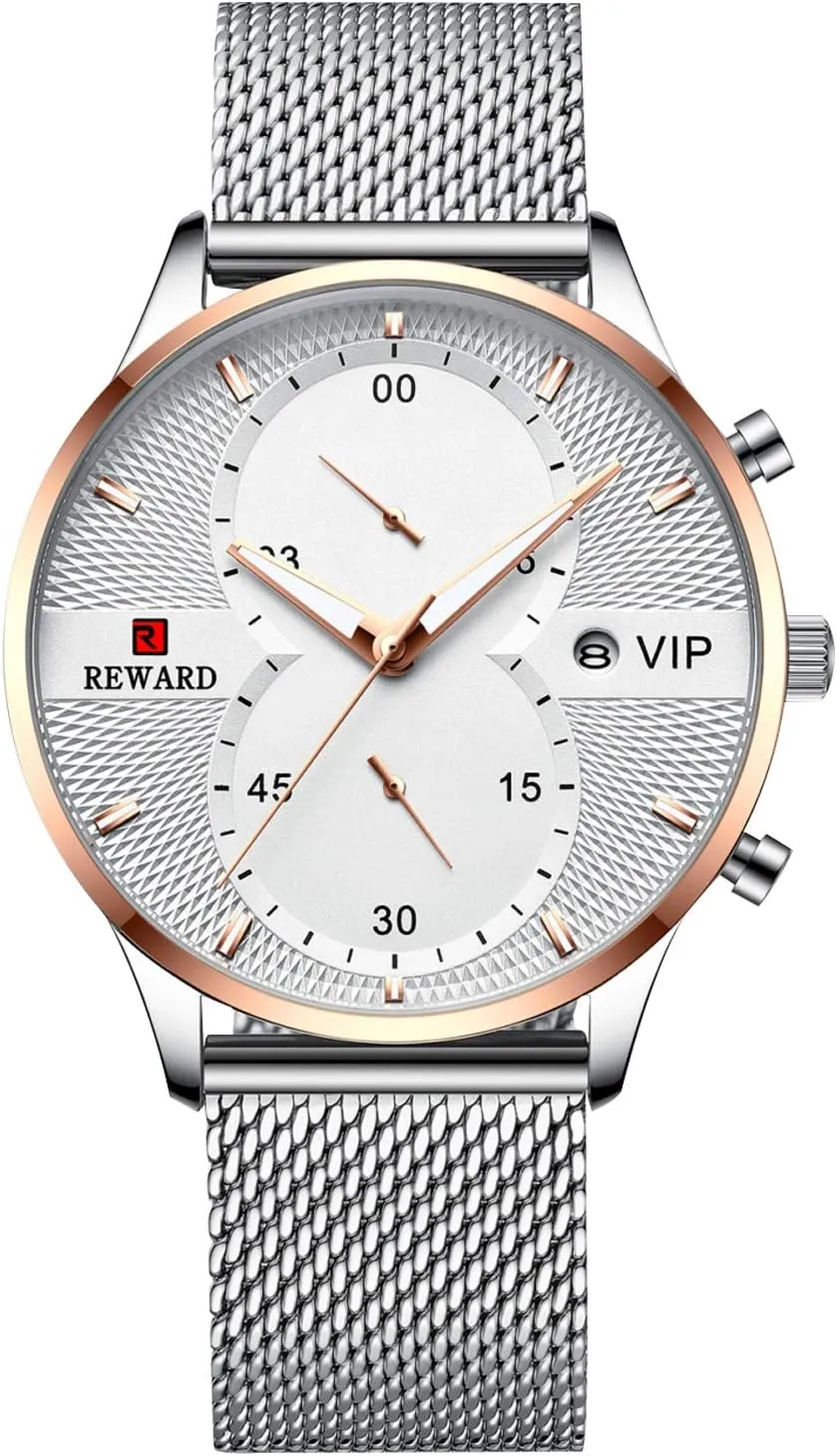 Sports Watch Mesh Stainless Steel ephemeral Strap Date Calendar Waterproof Watches RORIOS Men's Fashion 