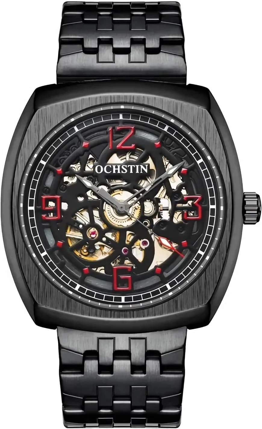 Square Hollow Mechanical Watch for oat dropstone thick Men, Big Face Luxury Skeleton Automatic Men's Watches Arabic Numerals Dial Stainless Steel Band Watch Classic 