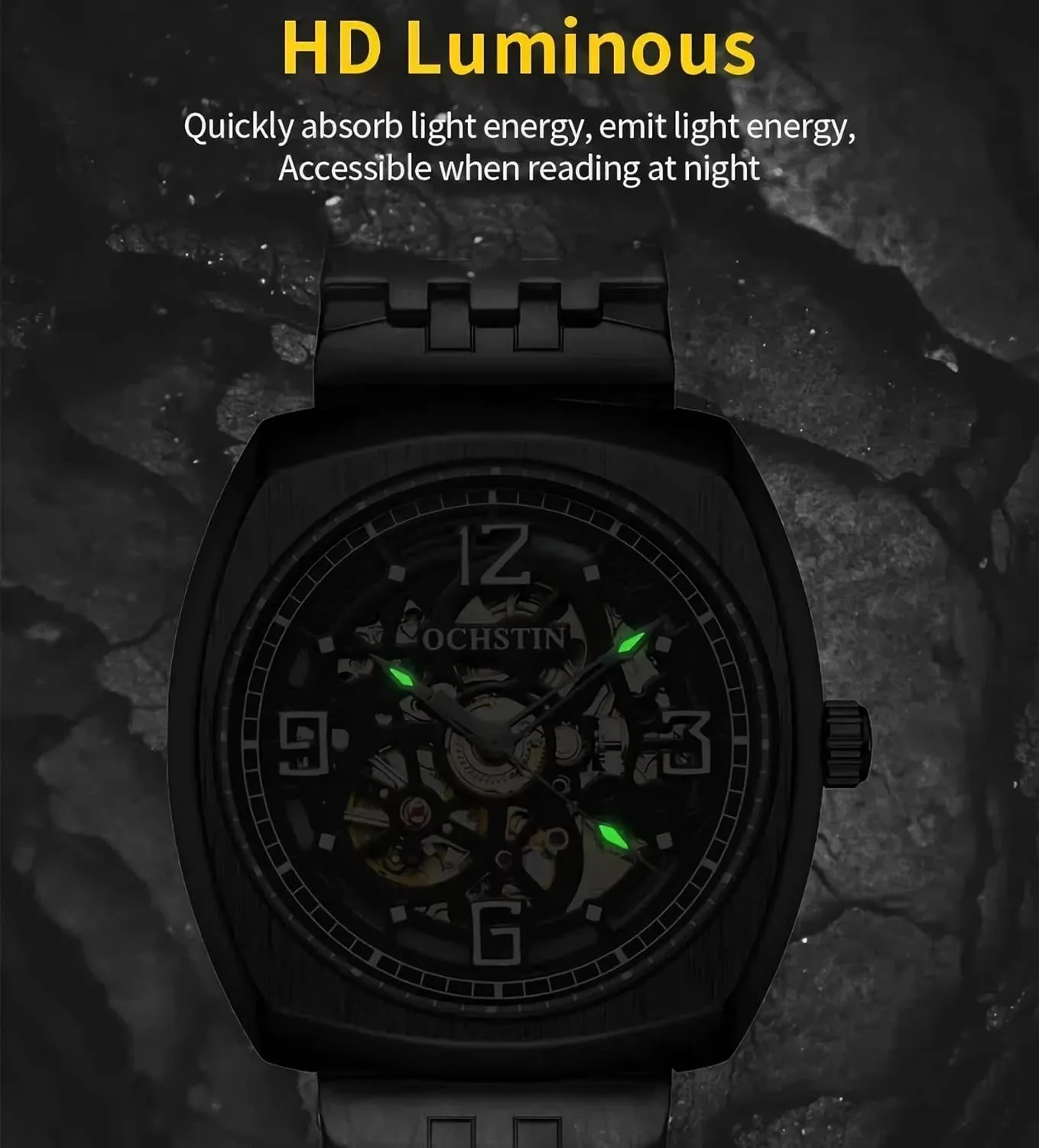 Square Hollow Mechanical Watch for oat dropstone thick Men, Big Face Luxury Skeleton Automatic Men's Watches Arabic Numerals Dial Stainless Steel Band Watch Classic 