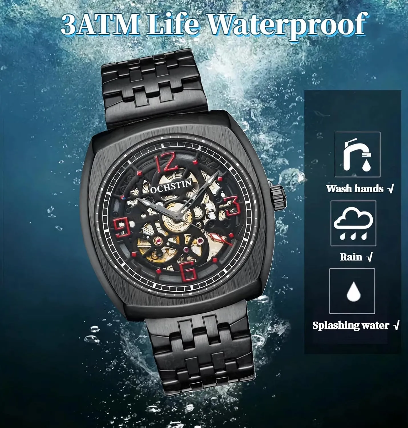 Square Hollow Mechanical Watch for oat dropstone thick Men, Big Face Luxury Skeleton Automatic Men's Watches Arabic Numerals Dial Stainless Steel Band Watch Classic 