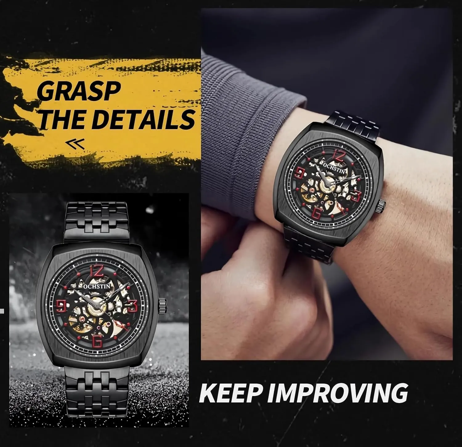 Square Hollow Mechanical Watch for oat dropstone thick Men, Big Face Luxury Skeleton Automatic Men's Watches Arabic Numerals Dial Stainless Steel Band Watch Classic 