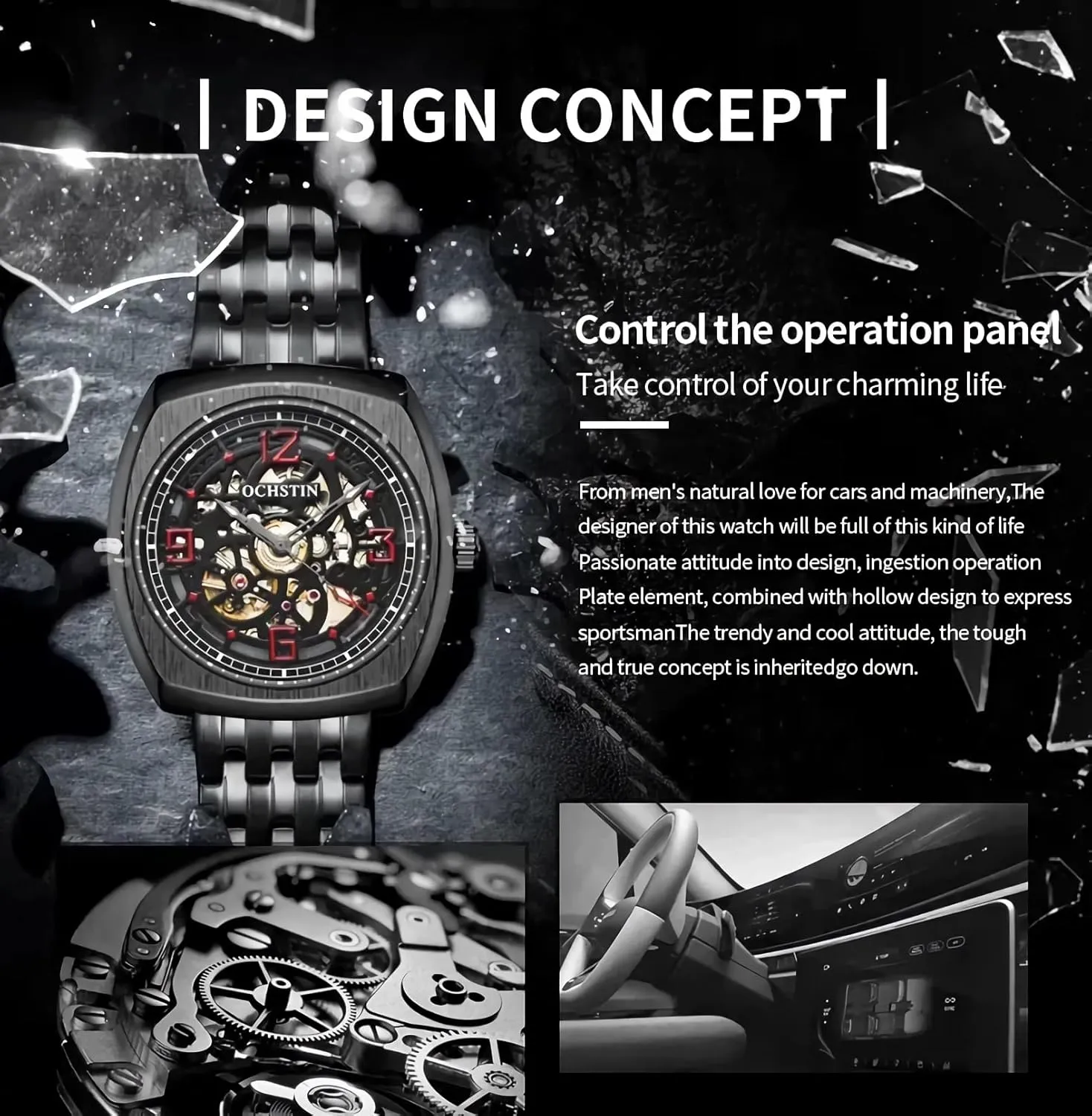 Square Hollow Mechanical Watch for oat dropstone thick Men, Big Face Luxury Skeleton Automatic Men's Watches Arabic Numerals Dial Stainless Steel Band Watch Classic 