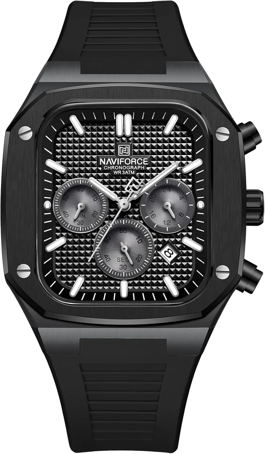 Square Watches,Chronograph Analog Calendar Wrist Watch,Quartz Waterproof Watches for Men,Silicone reality knit illustration translation vertical Band NAVIFORCE Mens 