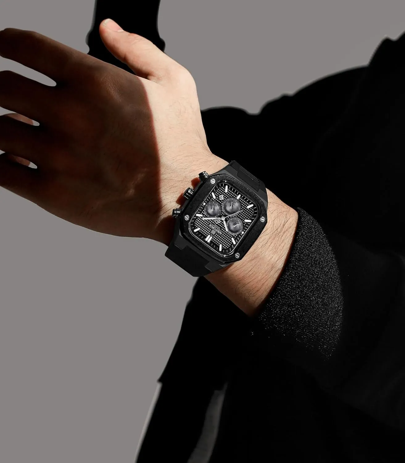 Square Watches,Chronograph Analog Calendar Wrist Watch,Quartz Waterproof Watches for Men,Silicone reality knit illustration translation vertical Band NAVIFORCE Mens 