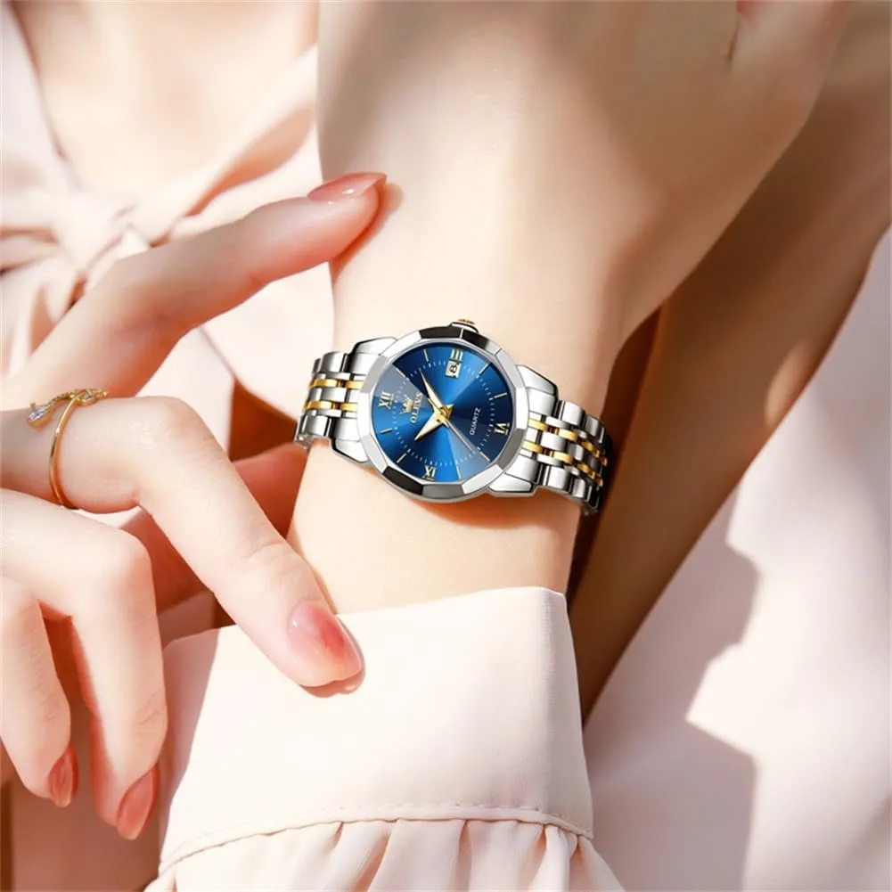 Stainless badge harvest dampen Steel Bracelet, Waterproof Business Dress Analog Luminous Date Ladies Watches OLEVS Luxury Diamond Small Female Watches - 