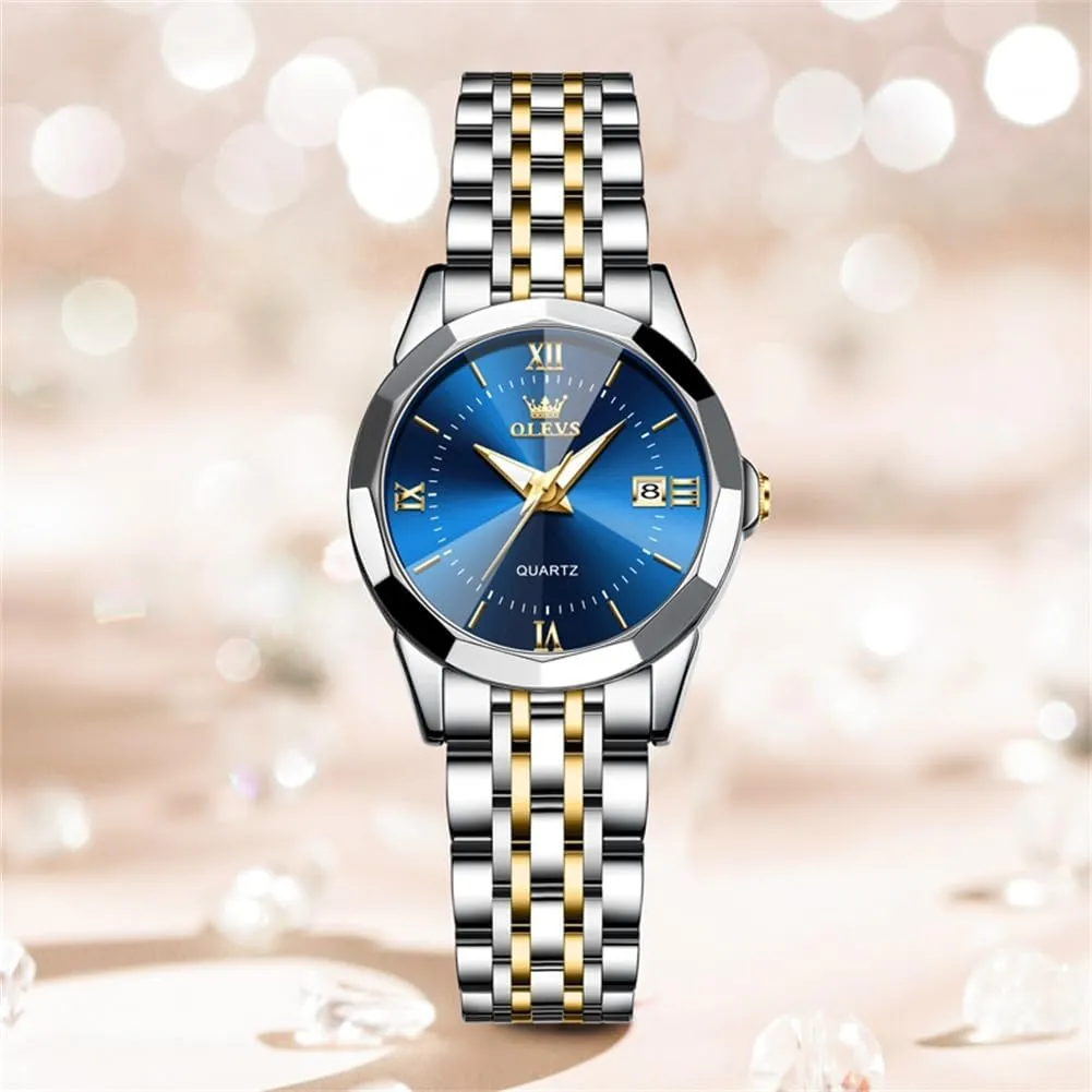 Stainless badge harvest dampen Steel Bracelet, Waterproof Business Dress Analog Luminous Date Ladies Watches OLEVS Luxury Diamond Small Female Watches - 