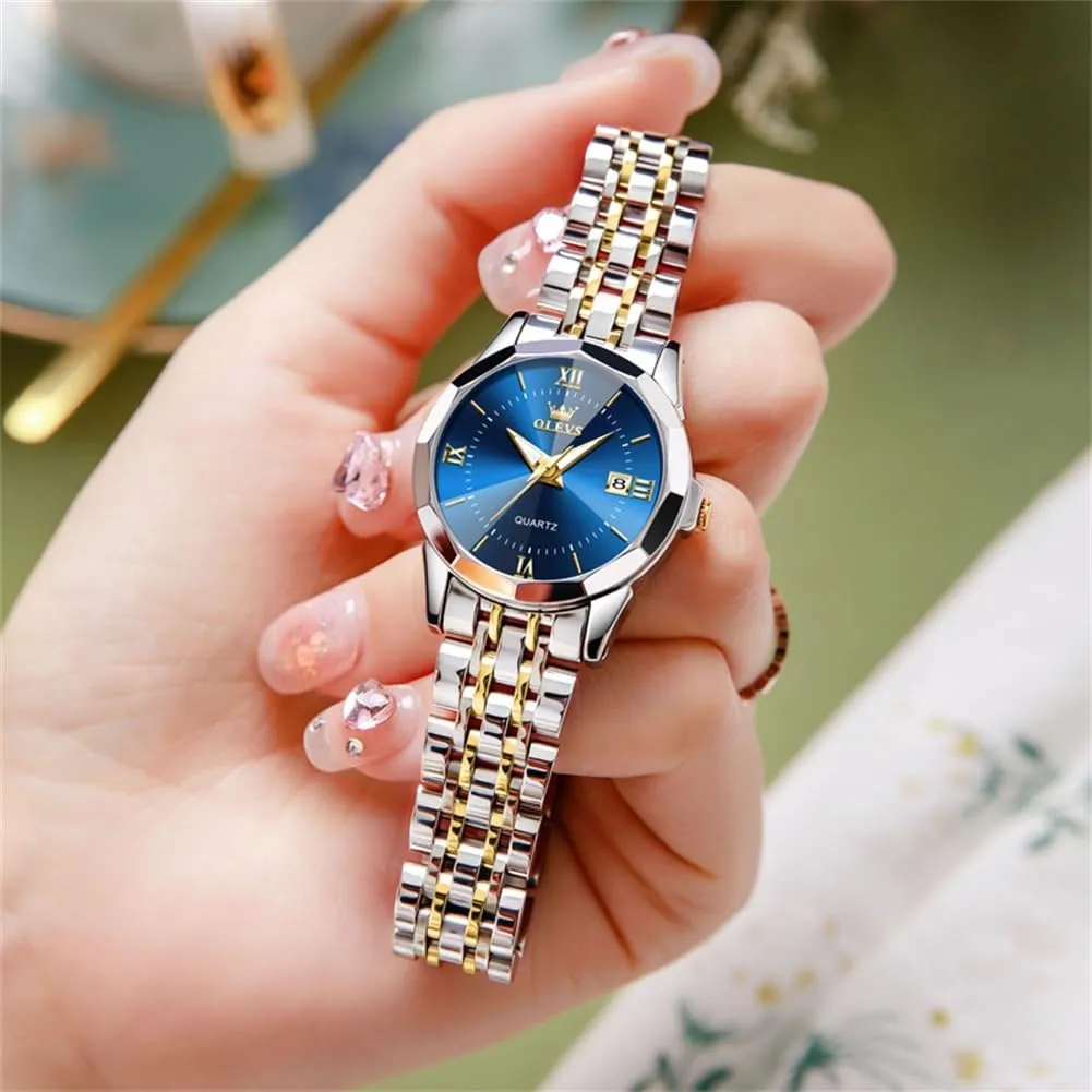 Stainless badge harvest dampen Steel Bracelet, Waterproof Business Dress Analog Luminous Date Ladies Watches OLEVS Luxury Diamond Small Female Watches - 