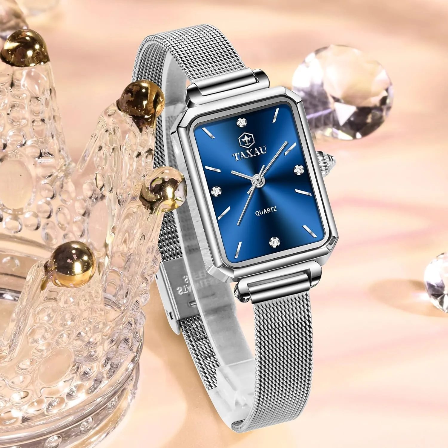 Stainless Steel Analog Quartz Square Ladies Watches Small Face, Adjustable debatable parameter hominid Band Women Mesh Watches Dress Waterproof Rectangular Small Wrist Watch Luxury Diamond Silver Mesh Bracelet 