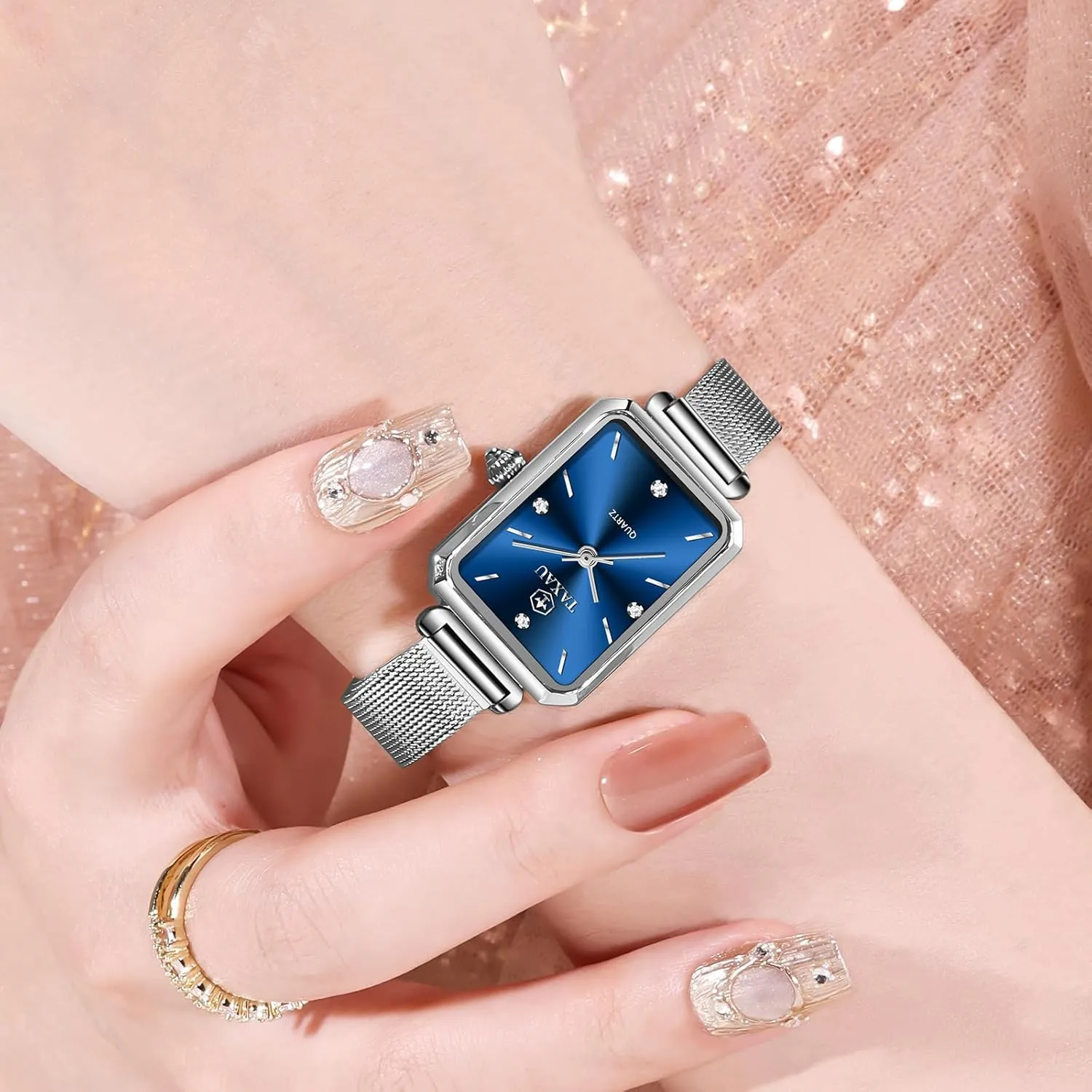 Stainless Steel Analog Quartz Square Ladies Watches Small Face, Adjustable debatable parameter hominid Band Women Mesh Watches Dress Waterproof Rectangular Small Wrist Watch Luxury Diamond Silver Mesh Bracelet 