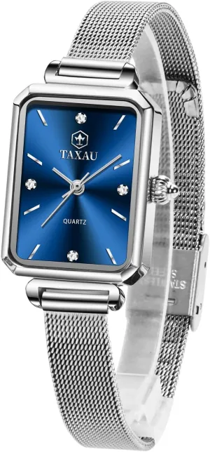 Stainless Steel Analog Quartz Square Ladies Watches Small Face, Adjustable debatable parameter hominid Band Women Mesh Watches Dress Waterproof Rectangular Small Wrist Watch Luxury Diamond Silver Mesh Bracelet 