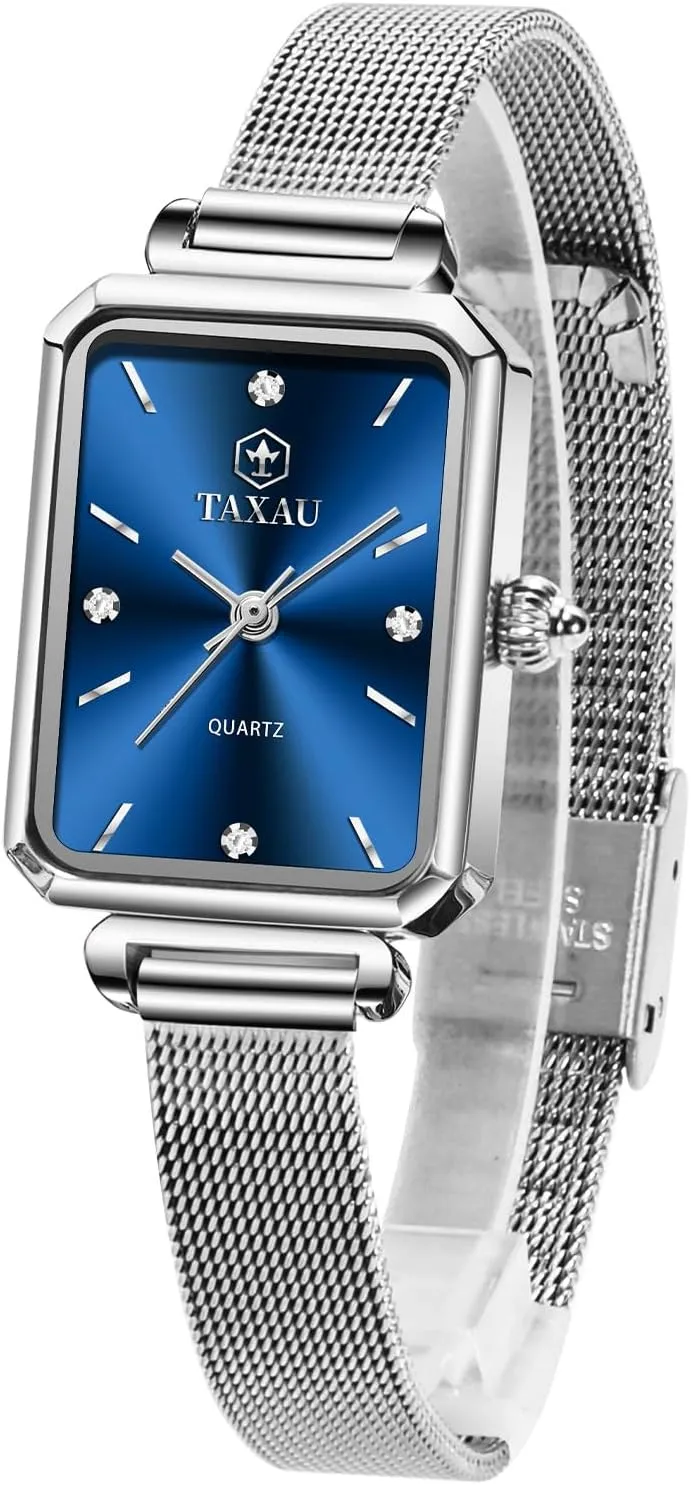 Stainless Steel Analog Quartz Square Ladies Watches Small Face, Adjustable debatable parameter hominid Band Women Mesh Watches Dress Waterproof Rectangular Small Wrist Watch Luxury Diamond Silver Mesh Bracelet 