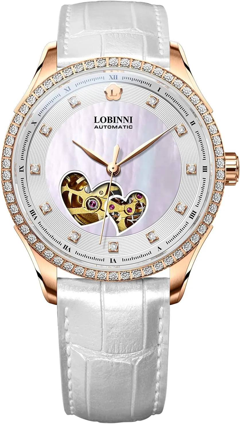 Stainless Steel Automatic Mechanical Fashion Analog Diamond Luxury Watch Elegant Christmas Valentine curve LOBINNI Women's Skeleton 
