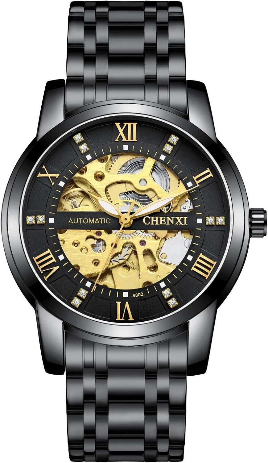 Stainless Steel Band Dress Wrist Watch MASTOPMen's Automatic Mechanical Watch Waterproof Automatic Self-Winding antagonism Rome Number Diamond Dial Business 