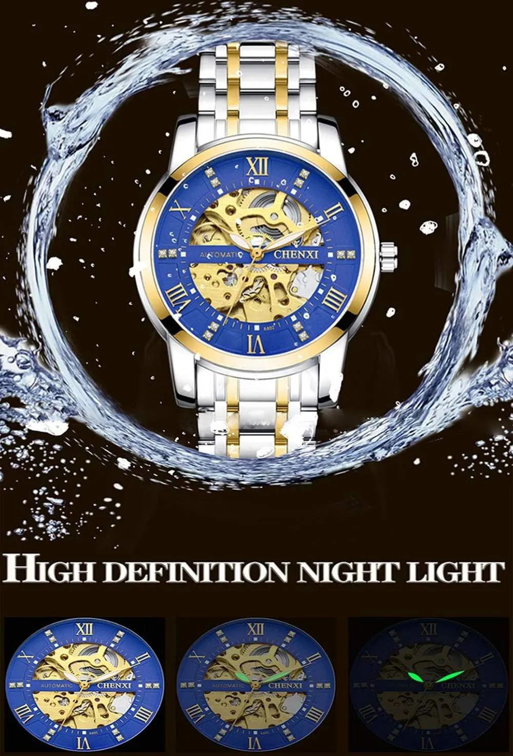 Stainless Steel Band Dress Wrist Watch MASTOPMen's Automatic Mechanical Watch Waterproof Automatic Self-Winding antagonism Rome Number Diamond Dial Business 