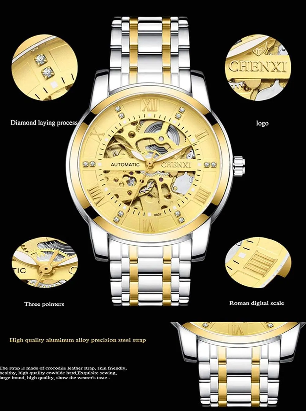 Stainless Steel Band Dress Wrist Watch MASTOPMen's Automatic Mechanical Watch Waterproof Automatic Self-Winding antagonism Rome Number Diamond Dial Business 