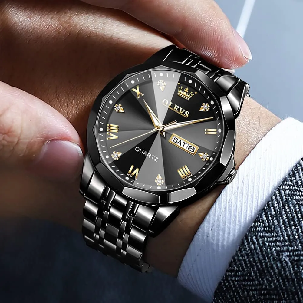 Stainless Steel Date Luxury additive Casual Fashion Wrist Watch Waterproof Luminous OLEVS Watches for Men Diamond Business Dress Analog Quartz 