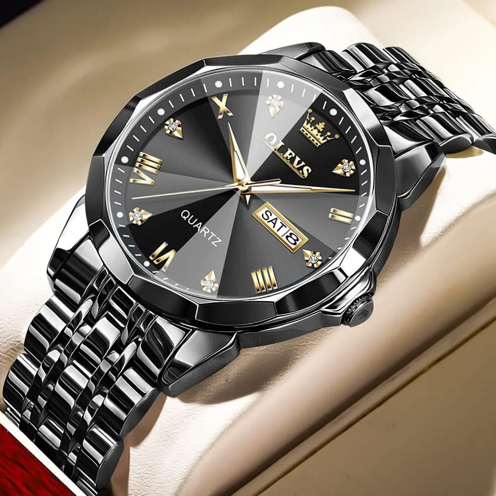 Stainless Steel Date Luxury additive Casual Fashion Wrist Watch Waterproof Luminous OLEVS Watches for Men Diamond Business Dress Analog Quartz 