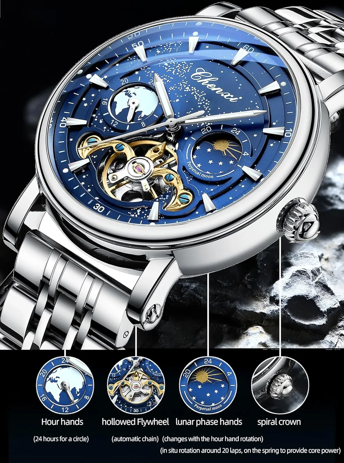 Stainless Steel Men's Watches Luxury nile Man Moon Phase Watch Hollow Tourbillon Automatic Mechanical Men Wristwatch Waterproof Luminous 