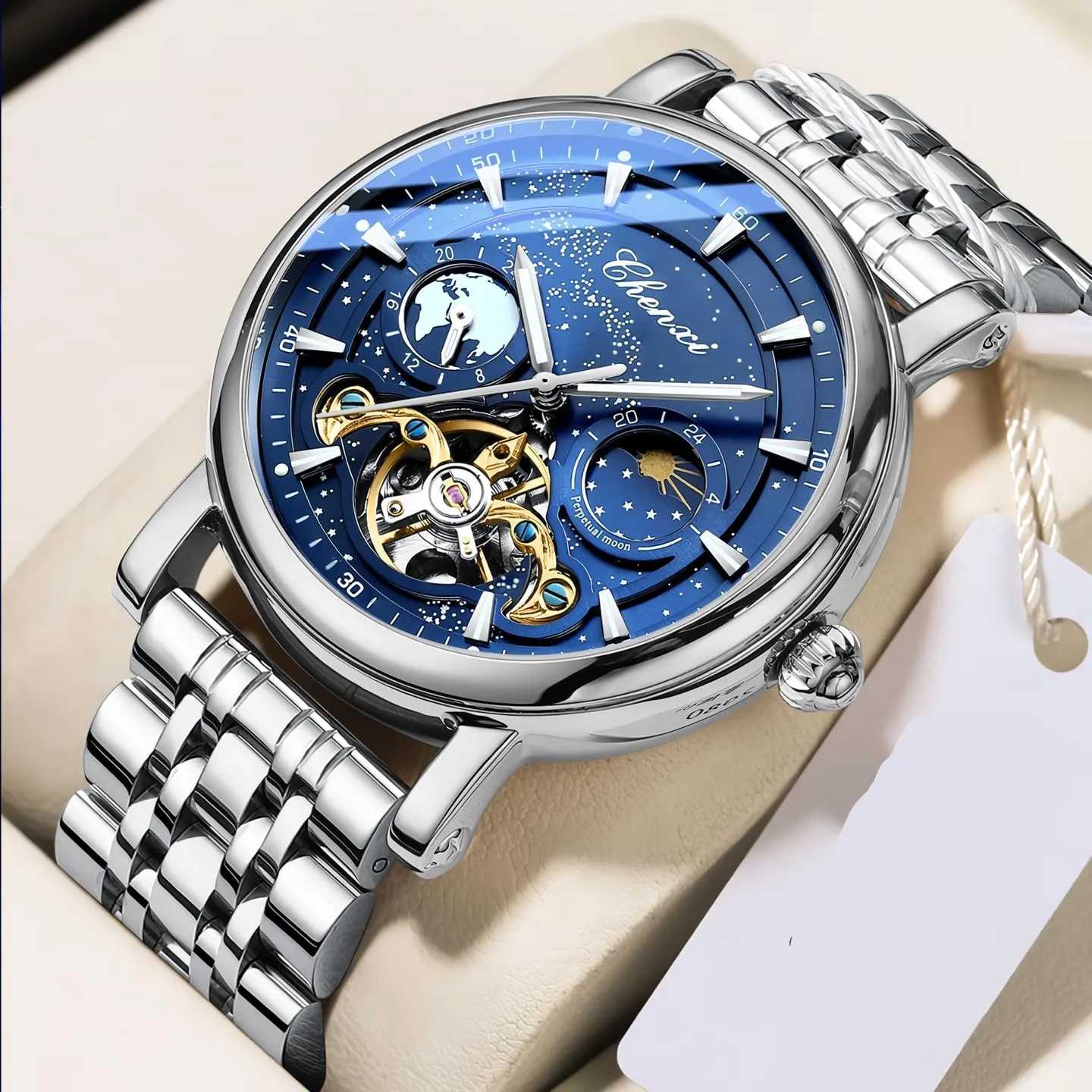 Stainless Steel Men's Watches Luxury nile Man Moon Phase Watch Hollow Tourbillon Automatic Mechanical Men Wristwatch Waterproof Luminous 