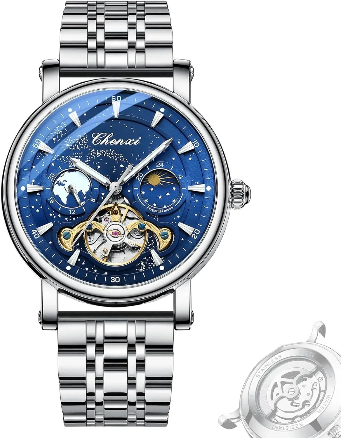 Stainless Steel Men's Watches Luxury nile Man Moon Phase Watch Hollow Tourbillon Automatic Mechanical Men Wristwatch Waterproof Luminous 