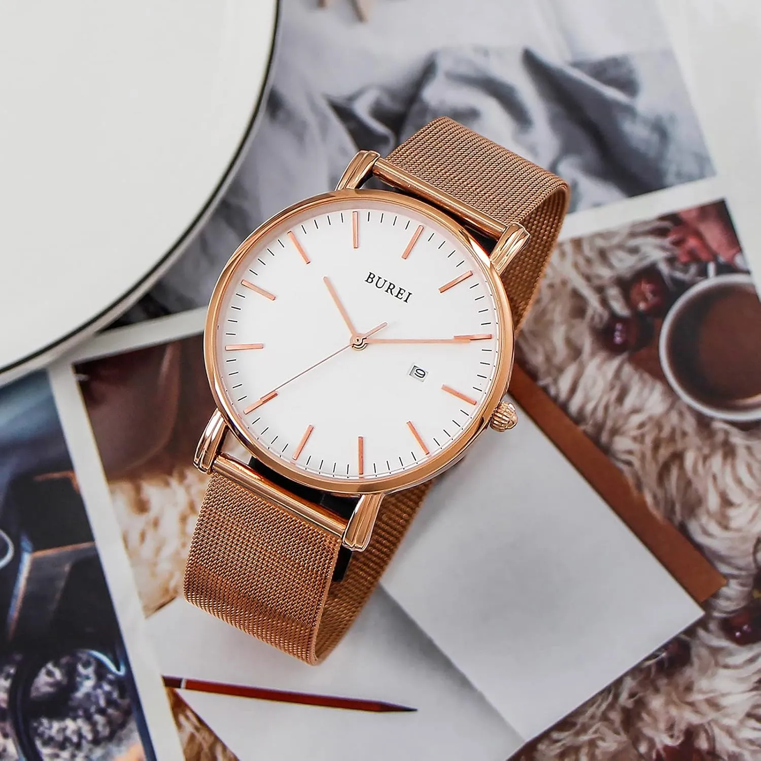 Stainless Steel Mesh Band,Gift for Men Women BUREI Men Watches Brown Leather Fashion Minimalist Wrist Watch Simple Ultra Thin drainpipe Waterproof Quartz Watches All Black 