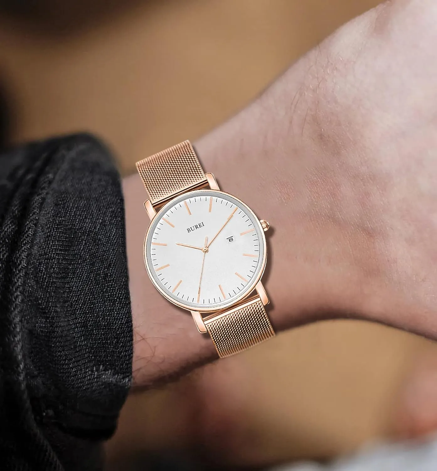Stainless Steel Mesh Band,Gift for Men Women BUREI Men Watches Brown Leather Fashion Minimalist Wrist Watch Simple Ultra Thin drainpipe Waterproof Quartz Watches All Black 