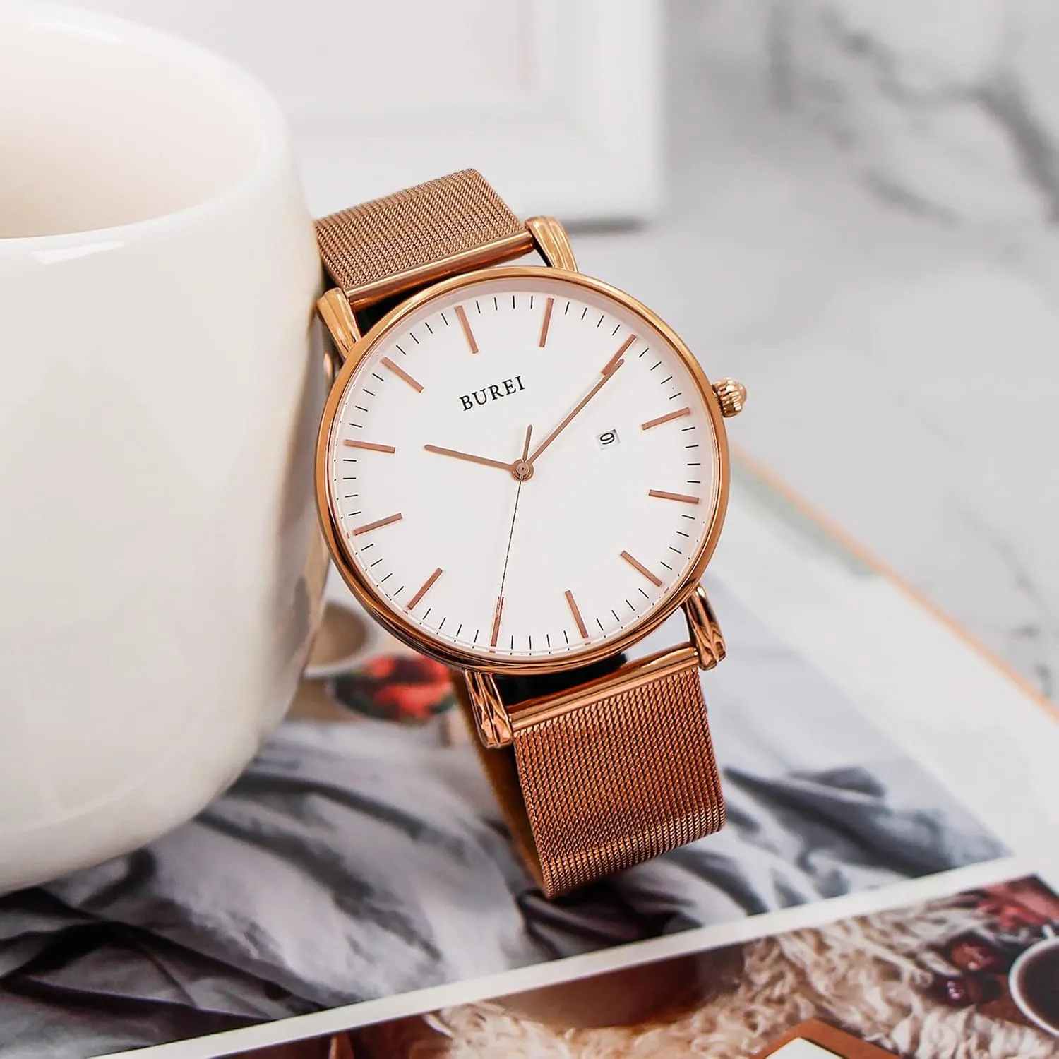 Stainless Steel Mesh Band,Gift for Men Women BUREI Men Watches Brown Leather Fashion Minimalist Wrist Watch Simple Ultra Thin drainpipe Waterproof Quartz Watches All Black 