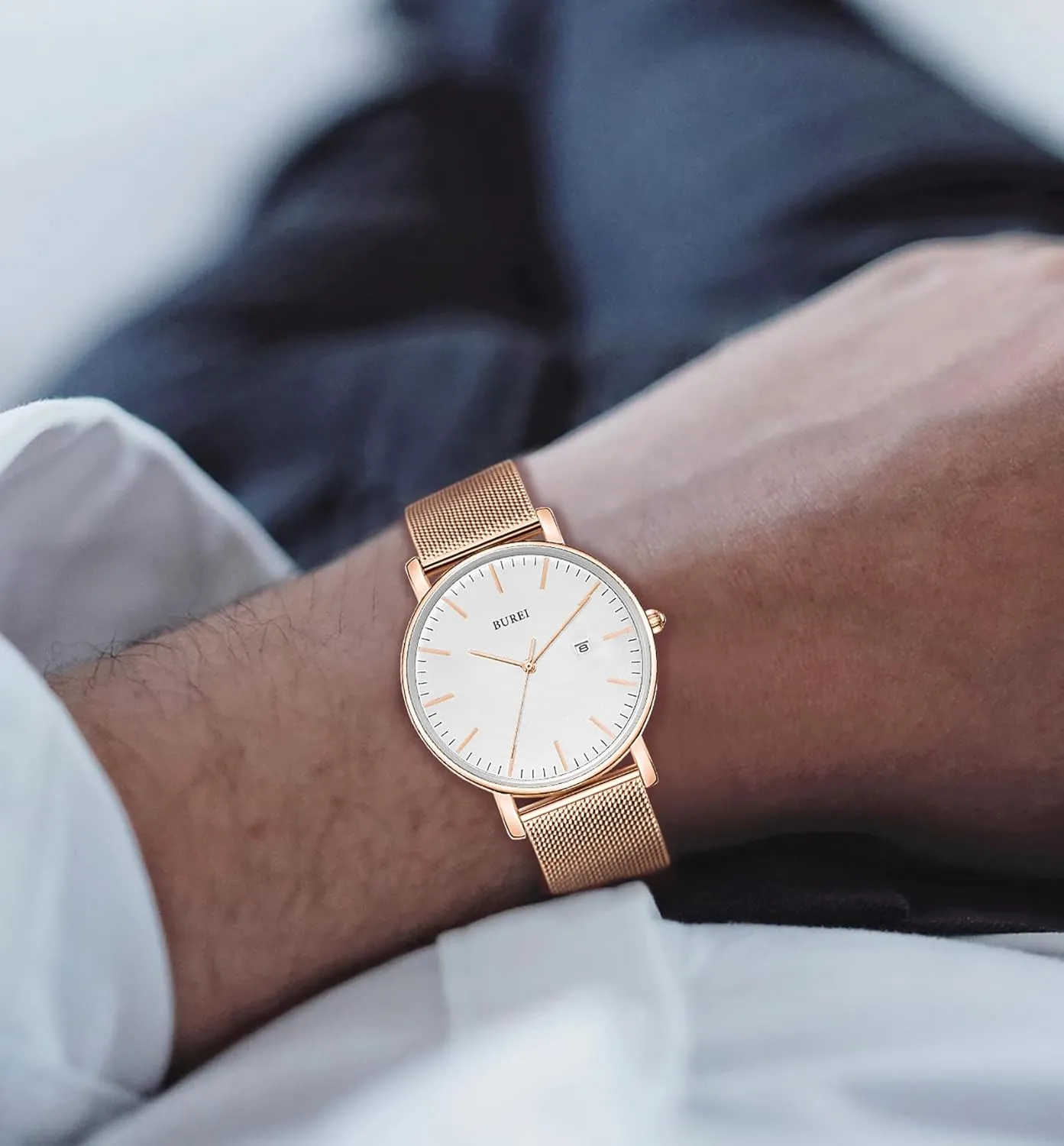 Stainless Steel Mesh Band,Gift for Men Women BUREI Men Watches Brown Leather Fashion Minimalist Wrist Watch Simple Ultra Thin drainpipe Waterproof Quartz Watches All Black 