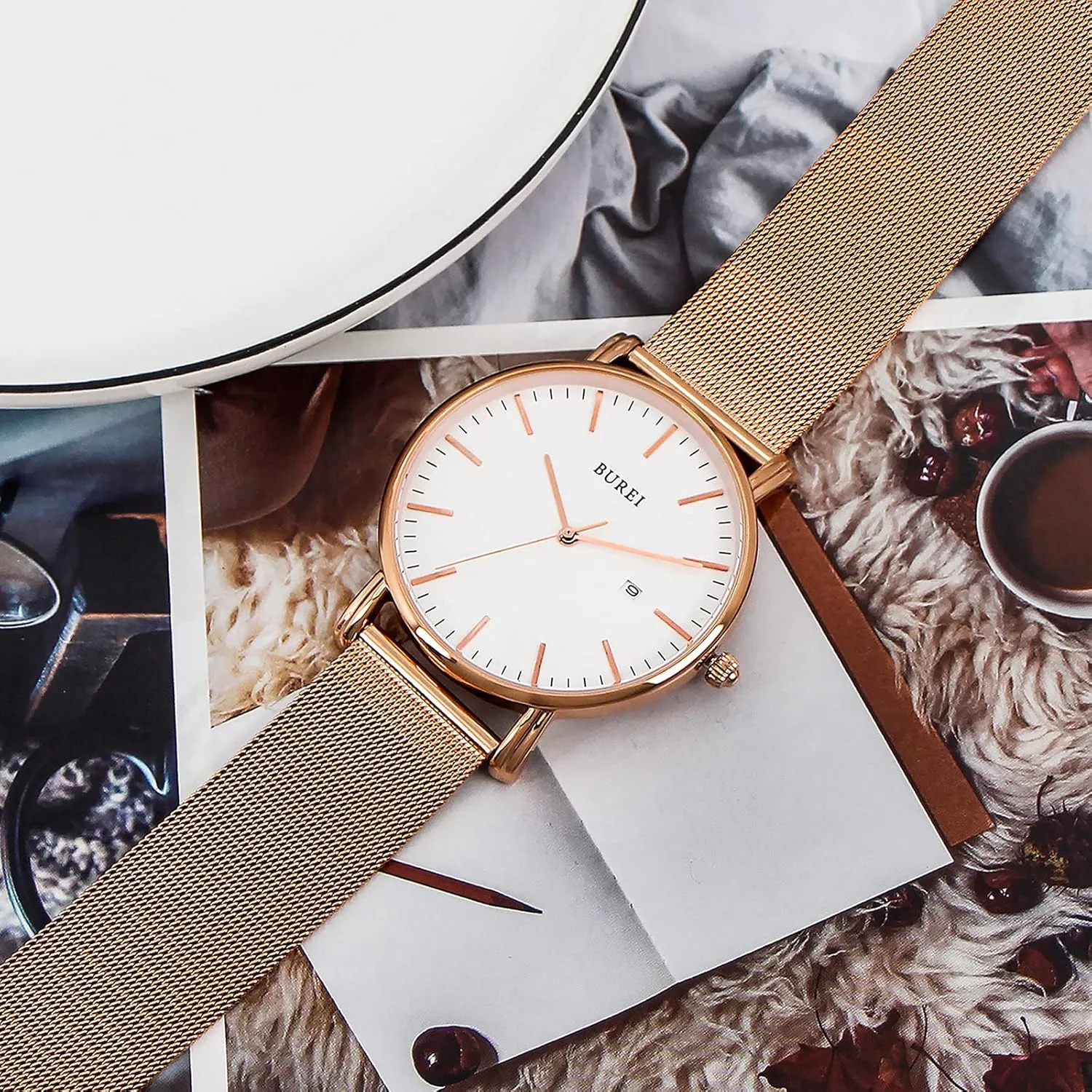 Stainless Steel Mesh Band,Gift for Men Women BUREI Men Watches Brown Leather Fashion Minimalist Wrist Watch Simple Ultra Thin drainpipe Waterproof Quartz Watches All Black 
