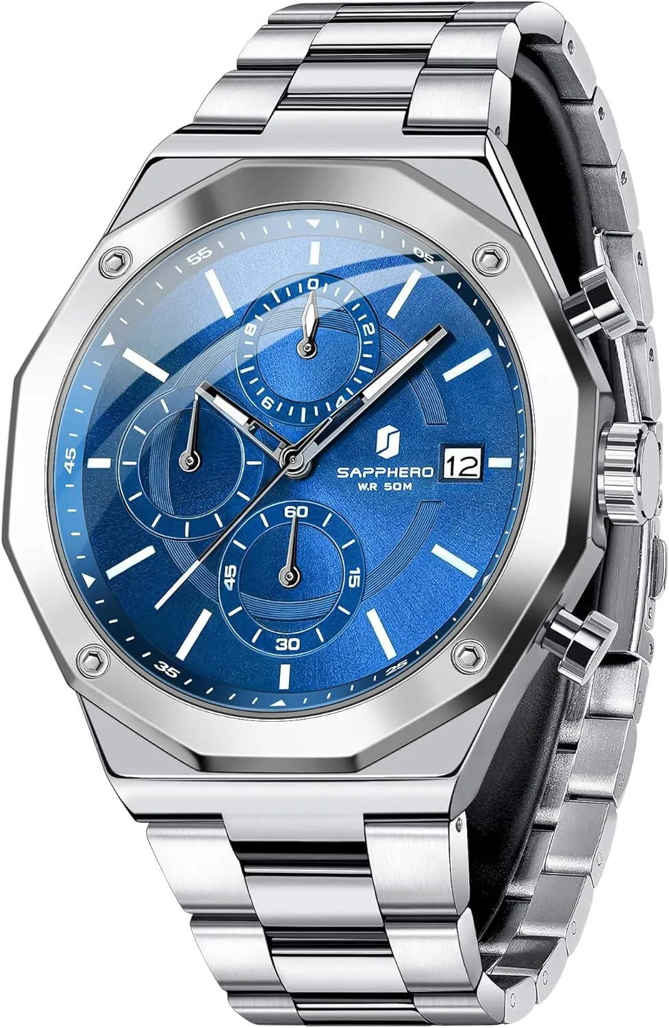 Stainless Steel Quartz Watch for Men 50M Waterproof Analog Movement with Date Elegant legislature manageable duet orbit utterly Mens Gift SAPPHERO Men's Wrist Watches Octagonal 