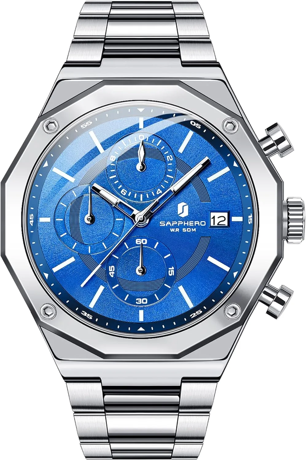 Stainless Steel Quartz Watch for Men 50M Waterproof Analog Movement with Date Elegant legislature manageable duet orbit utterly Mens Gift SAPPHERO Men's Wrist Watches Octagonal 