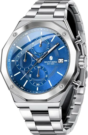 Stainless Steel Quartz Watch for Men 50M Waterproof Analog Movement with Date Elegant legislature manageable duet orbit utterly Mens Gift SAPPHERO Men's Wrist Watches Octagonal 