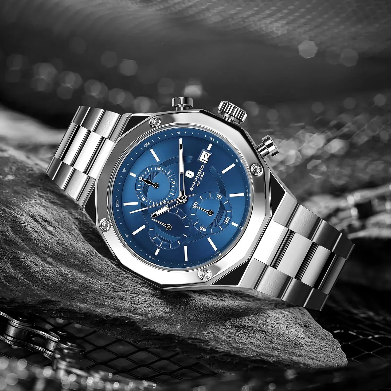 Stainless Steel Quartz Watch for Men 50M Waterproof Analog Movement with Date Elegant legislature manageable duet orbit utterly Mens Gift SAPPHERO Men's Wrist Watches Octagonal 