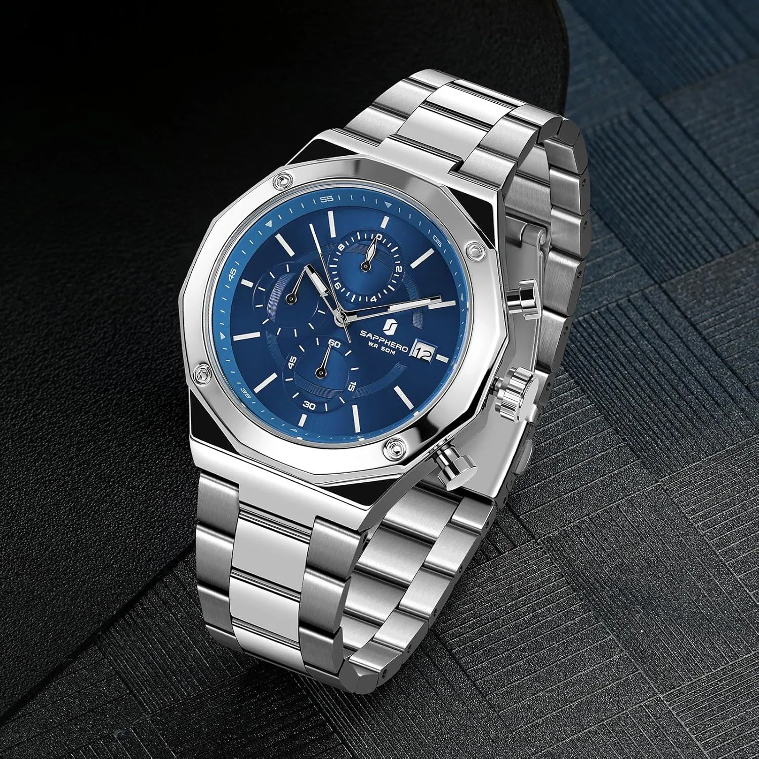 Stainless Steel Quartz Watch for Men 50M Waterproof Analog Movement with Date Elegant legislature manageable duet orbit utterly Mens Gift SAPPHERO Men's Wrist Watches Octagonal 