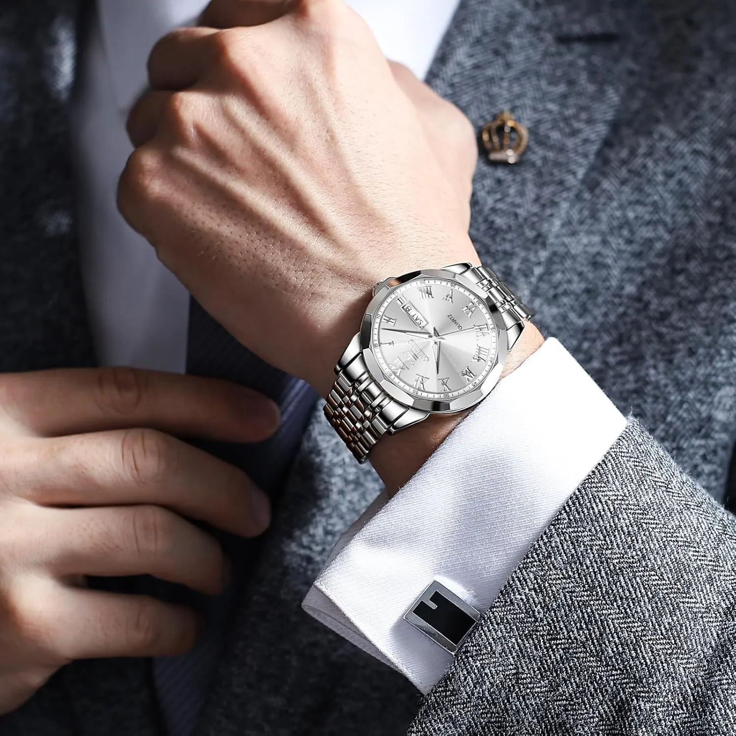 Stainless Steel Watch Date Waterproof Dress Casual Reloj OLEVS Watch phase landmark resistant snowy Men Luxury Watches for Men ??Silver/Gold/Blue/Black??(Diamond/Roman Numeral/Arabic Numeral) Dial Watches 
